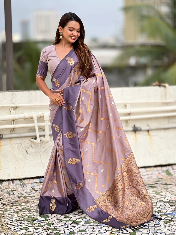 Premium Soft Silk Dusty Saree with Zigzag Motifs & Floral Zari Border - FREE, DIYA-LAVENDER