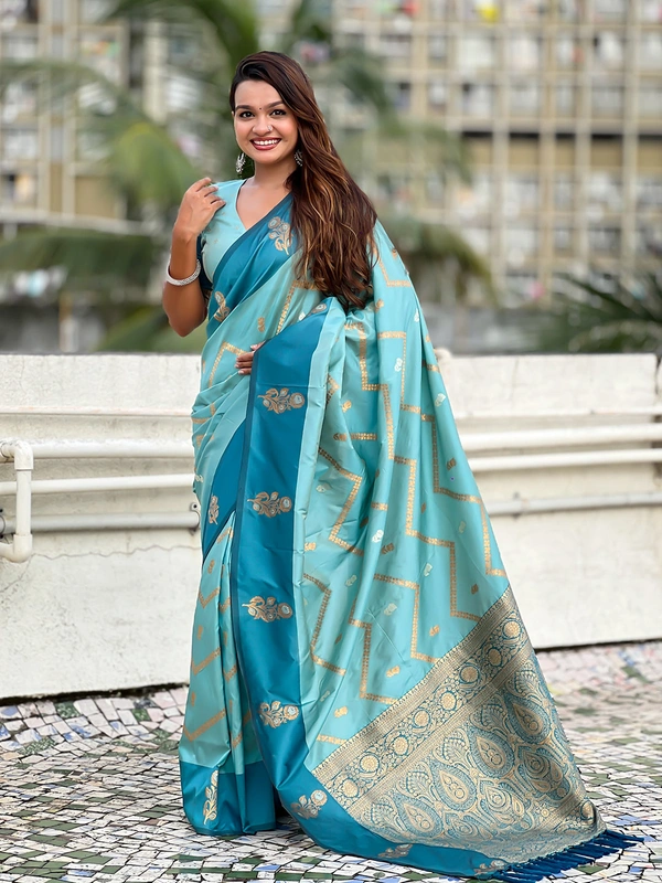 Premium Soft Silk Dusty Saree with Zigzag Motifs & Floral Zari Border