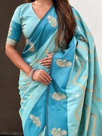 Premium Soft Silk Dusty Saree with Zigzag Motifs & Floral Zari Border - FREE, DIYA-SKY