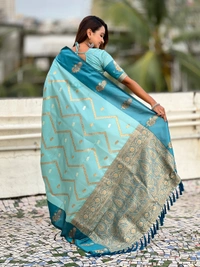 Premium Soft Silk Dusty Saree with Zigzag Motifs & Floral Zari Border - FREE, DIYA-SKY