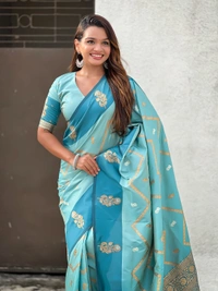 Premium Soft Silk Dusty Saree with Zigzag Motifs & Floral Zari Border - FREE, DIYA-SKY