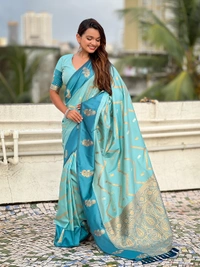 Premium Soft Silk Dusty Saree with Zigzag Motifs & Floral Zari Border - FREE, DIYA-SKY