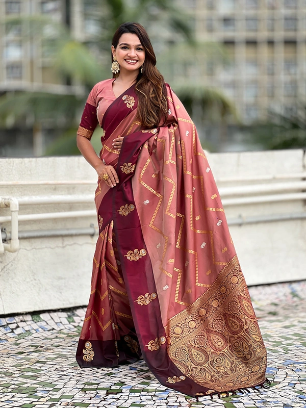 Premium Soft Silk Dusty Saree with Zigzag Motifs & Floral Zari Border