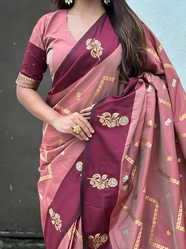 Premium Soft Silk Dusty Saree with Zigzag Motifs & Floral Zari Border - FREE, DIYA-BROWN