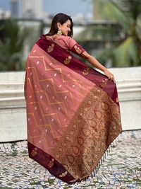 Premium Soft Silk Dusty Saree with Zigzag Motifs & Floral Zari Border - FREE, DIYA-BROWN