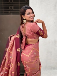 Premium Soft Silk Dusty Saree with Zigzag Motifs & Floral Zari Border - FREE, DIYA-BROWN