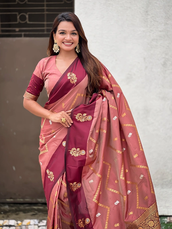 Premium Soft Silk Dusty Saree with Zigzag Motifs & Floral Zari Border - FREE, DIYA-BROWN