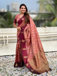 Premium Soft Silk Dusty Saree with Zigzag Motifs & Floral Zari Border - FREE, DIYA-BROWN