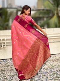 Premium Soft Silk Dusty Saree with Zigzag Motifs & Floral Zari Border - FREE, DIYA-PEACH