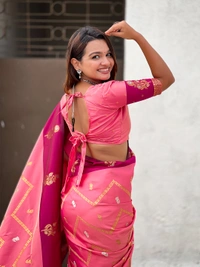 Premium Soft Silk Dusty Saree with Zigzag Motifs & Floral Zari Border - FREE, DIYA-PEACH