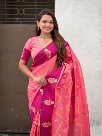 Premium Soft Silk Dusty Saree with Zigzag Motifs & Floral Zari Border - FREE, DIYA-PEACH