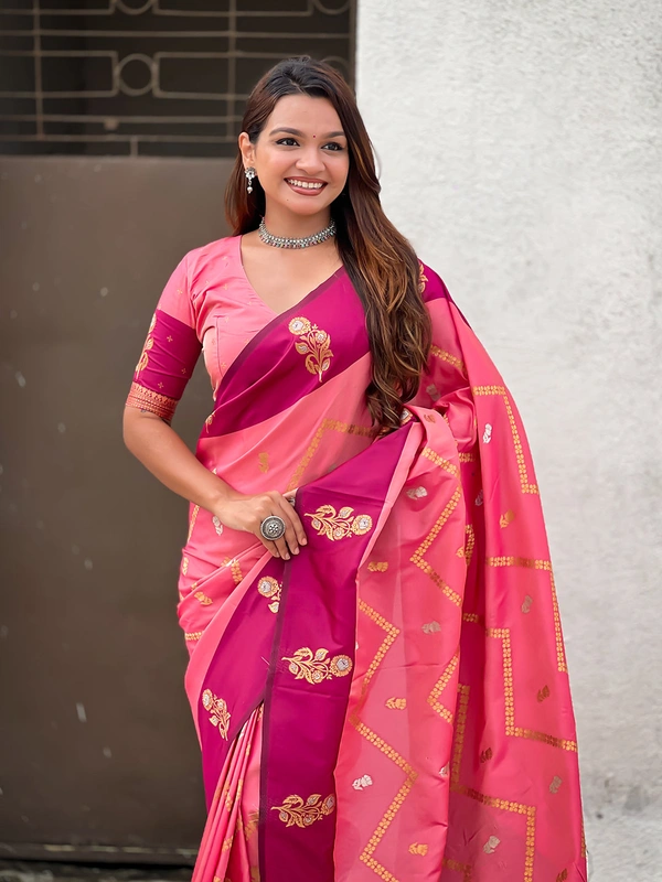 Premium Soft Silk Dusty Saree with Zigzag Motifs & Floral Zari Border - FREE, DIYA-PEACH