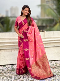 Premium Soft Silk Dusty Saree with Zigzag Motifs & Floral Zari Border - FREE, DIYA-PEACH