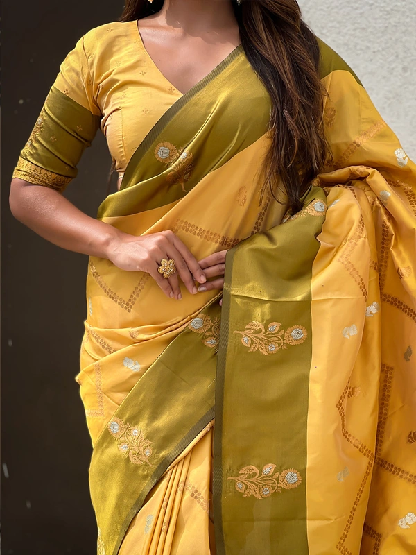 Premium Soft Silk Dusty Saree with Zigzag Motifs & Floral Zari Border - FREE, DIYA-YELLOW