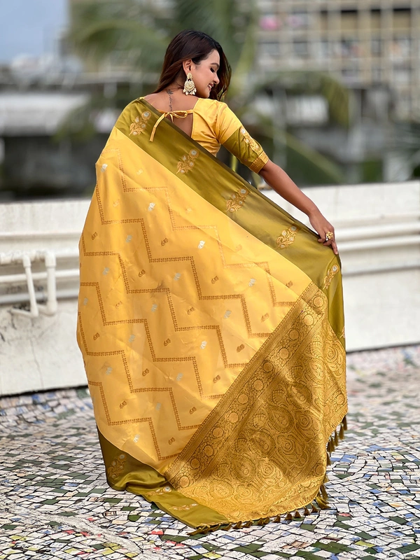 Premium Soft Silk Dusty Saree with Zigzag Motifs & Floral Zari Border - FREE, DIYA-YELLOW