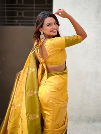 Premium Soft Silk Dusty Saree with Zigzag Motifs & Floral Zari Border - FREE, DIYA-YELLOW
