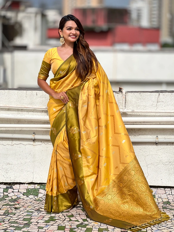 Premium Soft Silk Dusty Saree with Zigzag Motifs & Floral Zari Border - FREE, DIYA-YELLOW