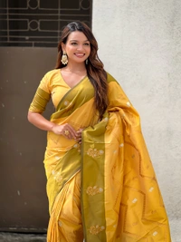 Premium Soft Silk Dusty Saree with Zigzag Motifs & Floral Zari Border - FREE, DIYA-YELLOW