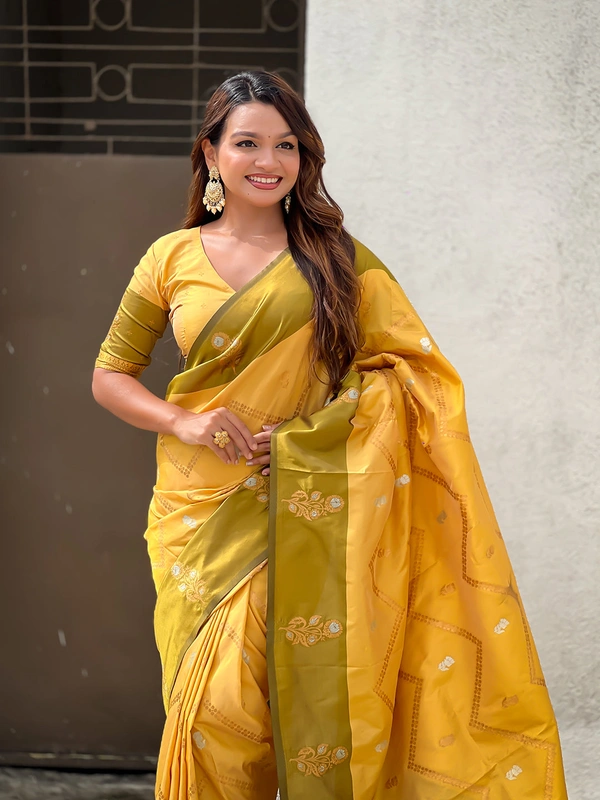Premium Soft Silk Dusty Saree with Zigzag Motifs & Floral Zari Border - FREE, DIYA-YELLOW