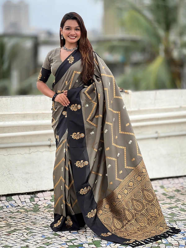 Premium Soft Silk Dusty Saree with Zigzag Motifs & Floral Zari Border