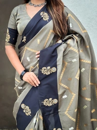 Premium Soft Silk Dusty Saree with Zigzag Motifs & Floral Zari Border - FREE, DIYA-GREY