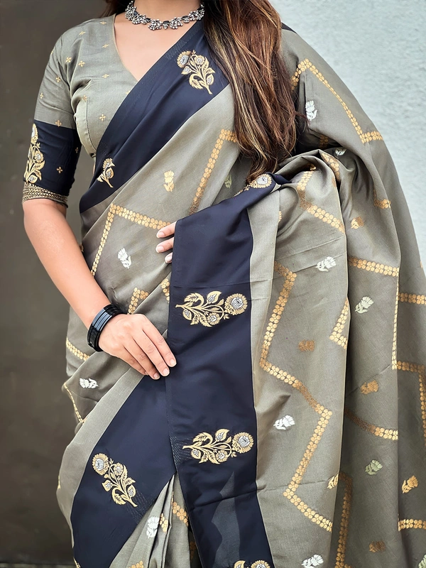 Premium Soft Silk Dusty Saree with Zigzag Motifs & Floral Zari Border - FREE, DIYA-GREY