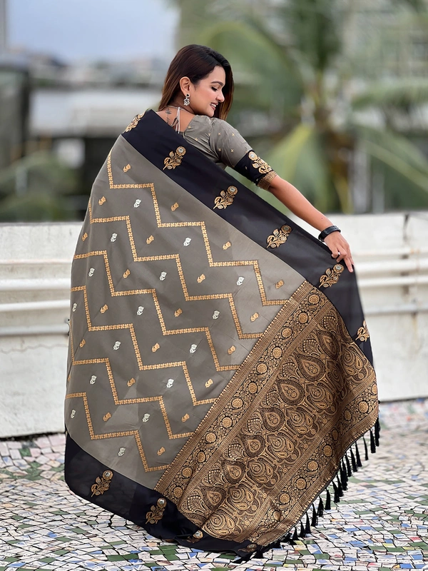 Premium Soft Silk Dusty Saree with Zigzag Motifs & Floral Zari Border - FREE, DIYA-GREY