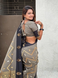 Premium Soft Silk Dusty Saree with Zigzag Motifs & Floral Zari Border - FREE, DIYA-GREY
