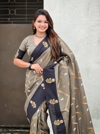 Premium Soft Silk Dusty Saree with Zigzag Motifs & Floral Zari Border - FREE, DIYA-GREY