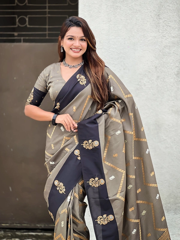Premium Soft Silk Dusty Saree with Zigzag Motifs & Floral Zari Border - FREE, DIYA-GREY