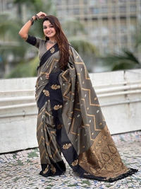 Premium Soft Silk Dusty Saree with Zigzag Motifs & Floral Zari Border - FREE, DIYA-GREY