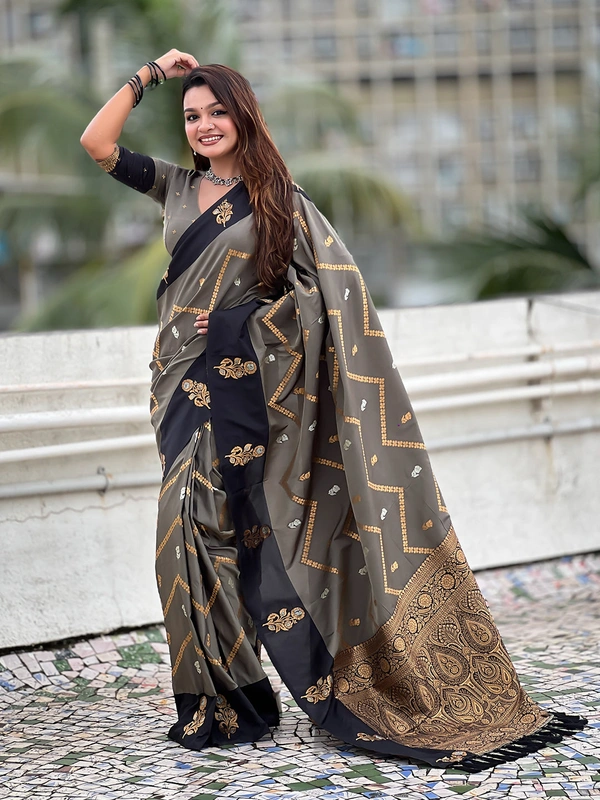 Premium Soft Silk Dusty Saree with Zigzag Motifs & Floral Zari Border - FREE, DIYA-GREY