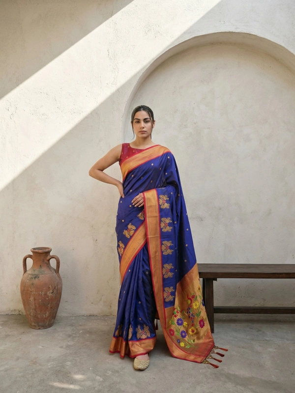 Premium Soft Silk Paithani Saree with Polka Motifs and Peacock Panel Border