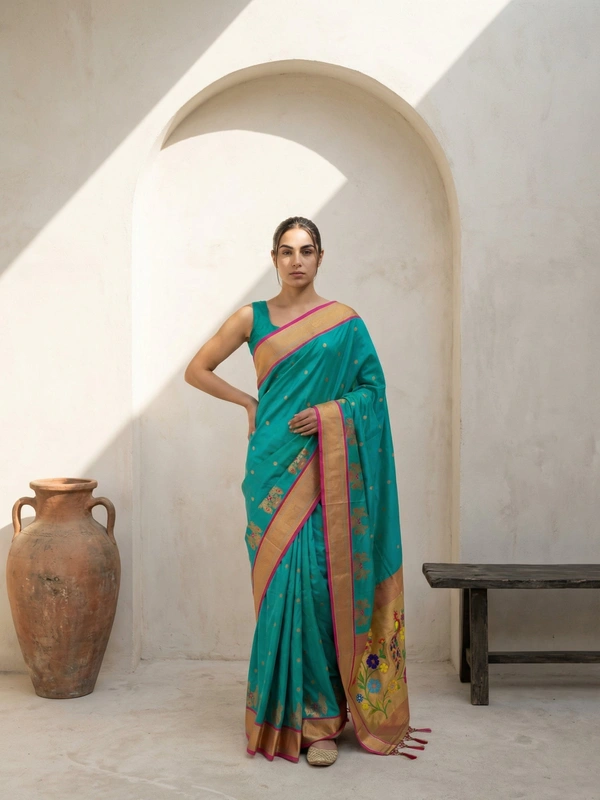 Premium Soft Silk Paithani Saree with Polka Motifs and Peacock Panel Border