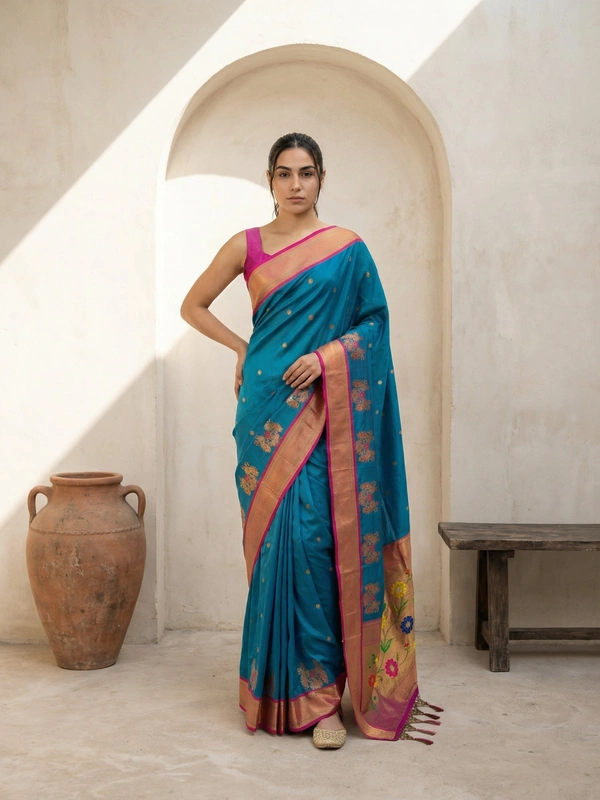 Premium Soft Silk Paithani Saree with Polka Motifs and Peacock Panel Border