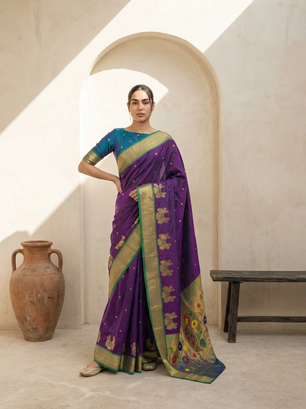 Premium Soft Silk Paithani Saree with Polka Motifs and Peacock Panel Border