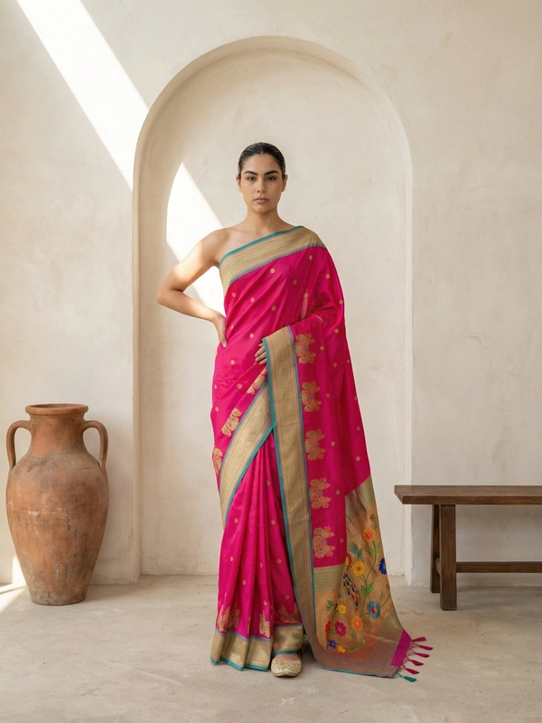 Premium Soft Silk Paithani Saree with Polka Motifs and Peacock Panel Border