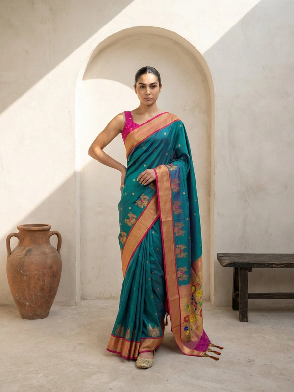Premium Soft Silk Paithani Saree with Polka Motifs and Peacock Panel Border