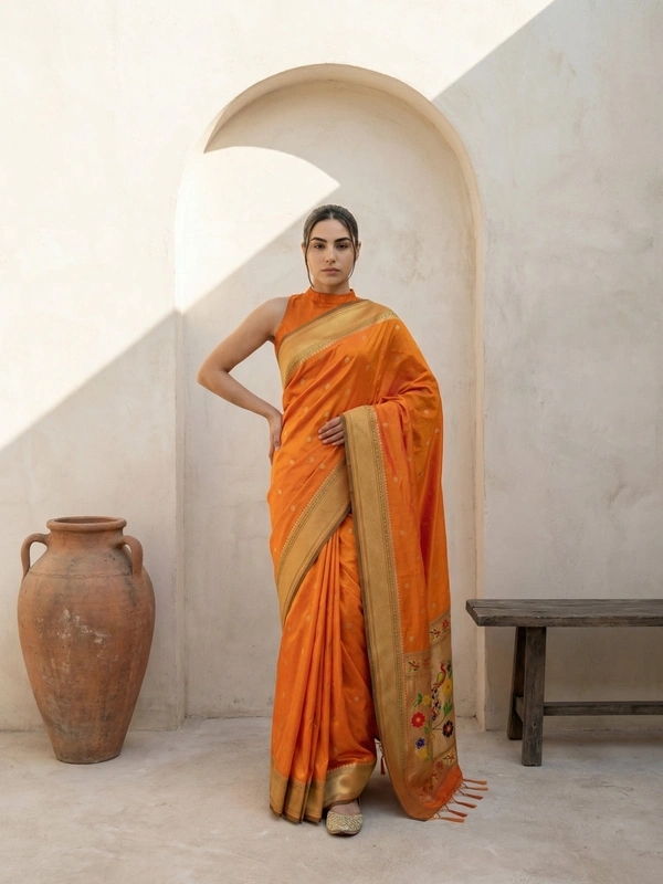 Premium Soft Silk Paithani Saree with Polka Motifs and Peacock Panel Border