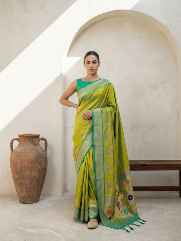 Premium Soft Silk Paithani Saree with Polka Motifs and Peacock Panel Border