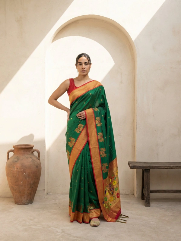 Premium Soft Silk Paithani Saree with Polka Motifs and Peacock Panel Border