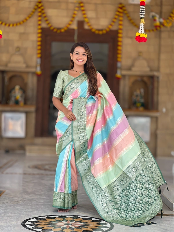 PAITHANI_HOUSE243 Premium Soft Silk Saree � Meenakari Zari Design with Contrast Border & Tassel Finish - MULTI COLOUR - GREEN