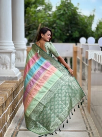 PAITHANI_HOUSE243 Premium Soft Silk Saree � Meenakari Zari Design with Contrast Border & Tassel Finish - MULTI COLOUR - GREEN