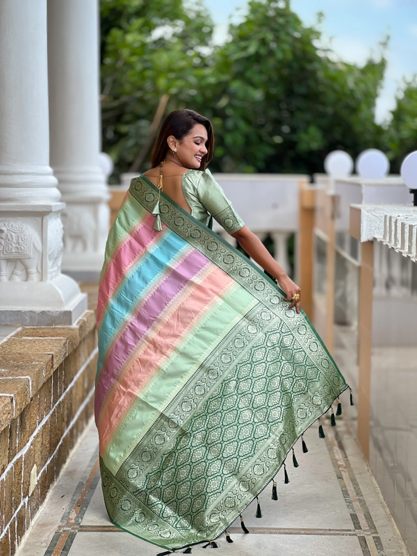 PAITHANI_HOUSE243 Premium Soft Silk Saree � Meenakari Zari Design with Contrast Border & Tassel Finish - MULTI COLOUR - GREEN