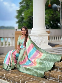 PAITHANI_HOUSE243 Premium Soft Silk Saree � Meenakari Zari Design with Contrast Border & Tassel Finish - MULTI COLOUR - GREEN