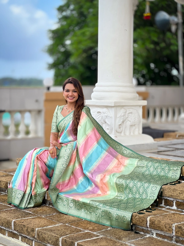 PAITHANI_HOUSE243 Premium Soft Silk Saree � Meenakari Zari Design with Contrast Border & Tassel Finish - MULTI COLOUR - GREEN