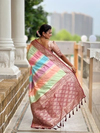 PAITHANI_HOUSE244 Premium Soft Silk Saree � Meenakari Zari Design with Contrast Border & Tassel Finish - MULTI COLOUR - MAROON