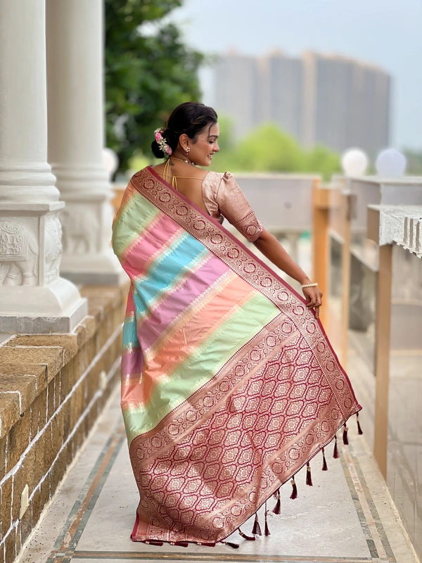 PAITHANI_HOUSE244 Premium Soft Silk Saree � Meenakari Zari Design with Contrast Border & Tassel Finish - MULTI COLOUR - MAROON