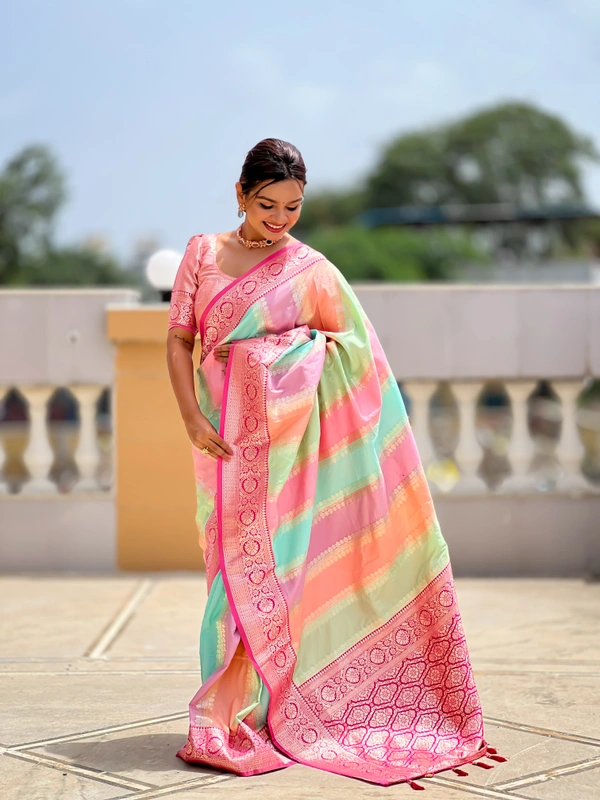 PAITHANI_HOUSE247 Premium Soft Silk Saree � Meenakari Zari Design with Contrast Border & Tassel Finish - MULTI COLOUR - RANI PINK