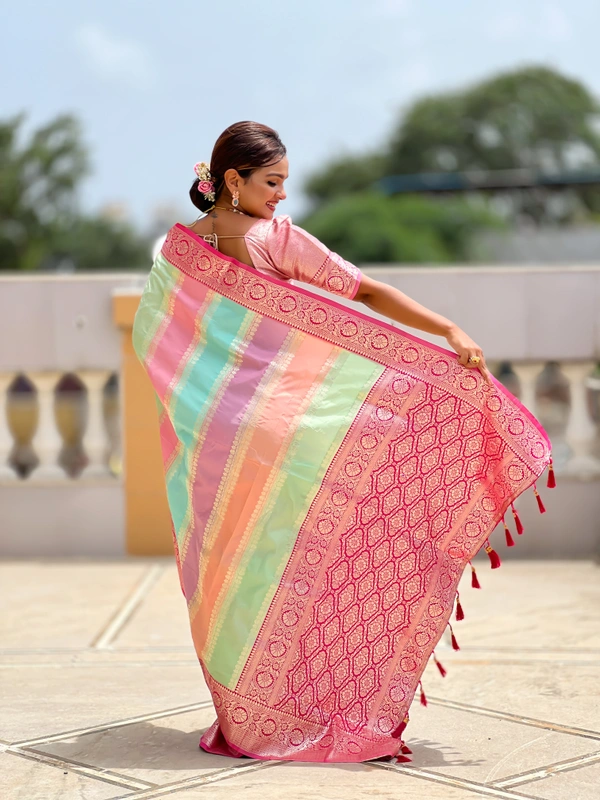 PAITHANI_HOUSE247 Premium Soft Silk Saree � Meenakari Zari Design with Contrast Border & Tassel Finish - MULTI COLOUR - RANI PINK